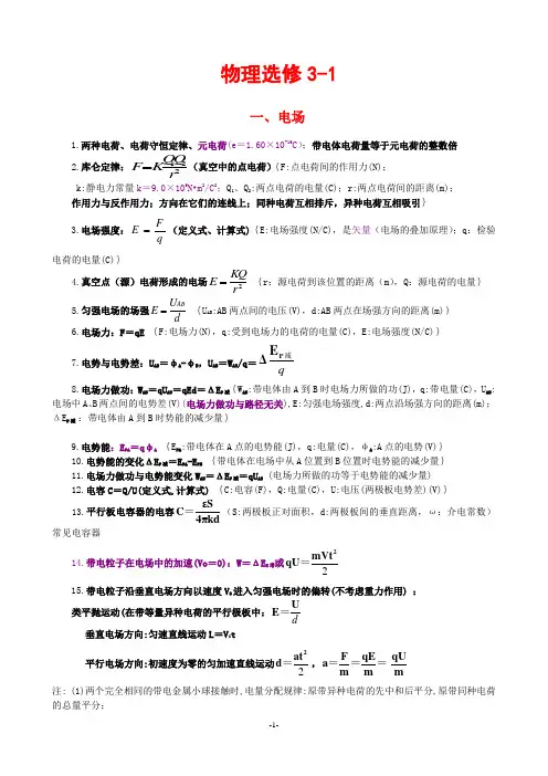 高中物理选修3-1知识点归纳总结