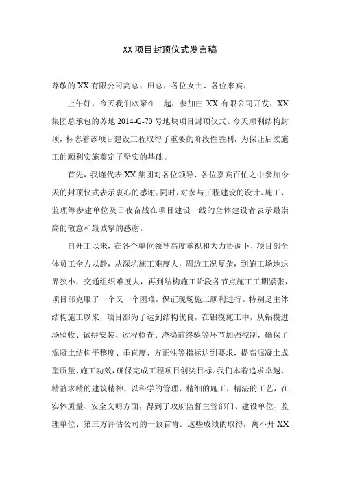 XX项目封顶仪式发言稿