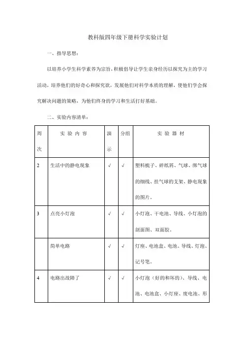 教科版小学科学实验工作计划