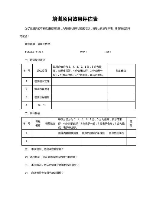 培训项目效果评估表