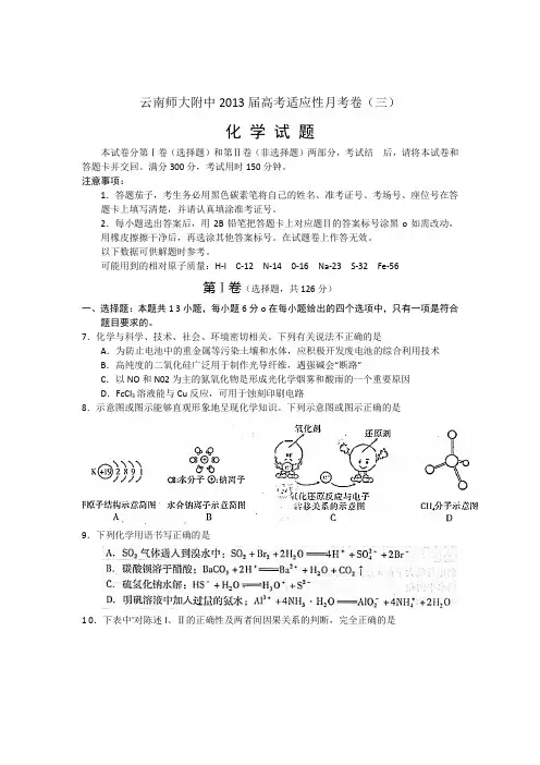 云南师大附中2013届高三高考适应性月考(三)化学试题(含解析)