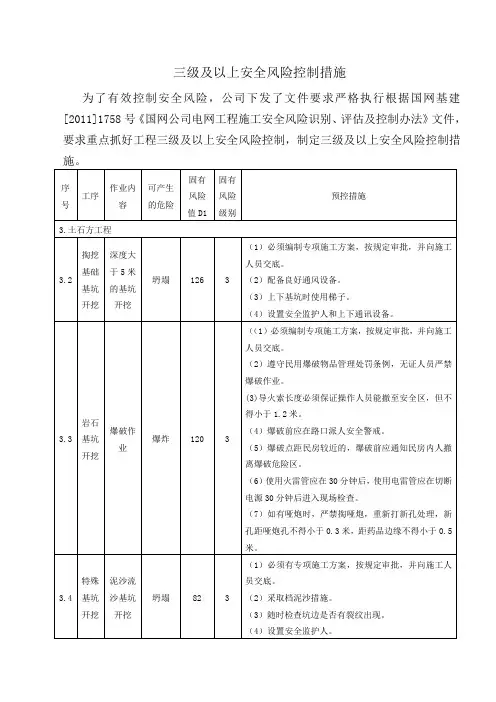 三级及以上安全风险控制措施