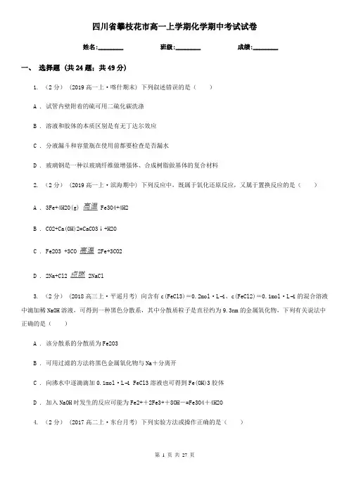 四川省攀枝花市高一上学期化学期中考试试卷