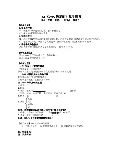 人教版必修2生物：3.3 DNA的复制  教案17