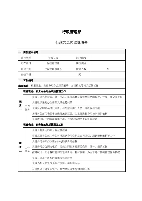 行政管理部-行政文员岗位职责说明书