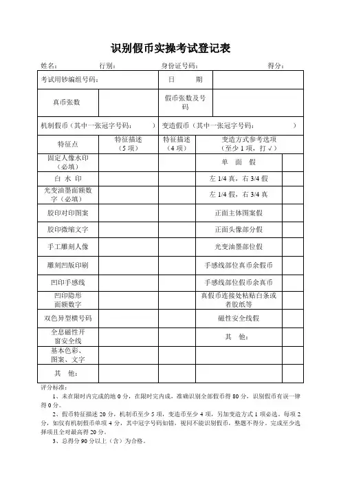 识别假币实操考试登记表