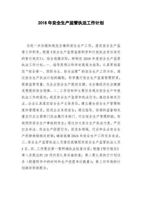 2018年安全生产监管执法工作计划