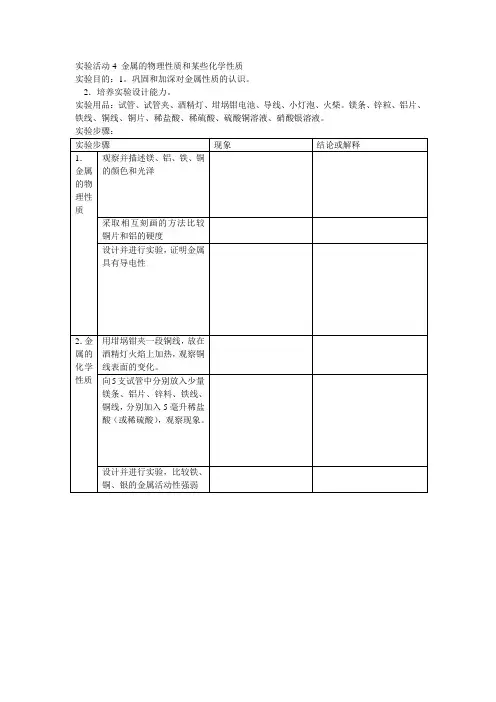 实验活动4 金属的物理性质和某些化学性质实验报告
