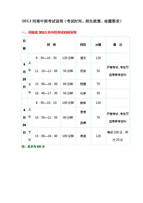 2012河南中招考试说明(考试时间、招生政策、命题要求)请家长赶快下载!!!