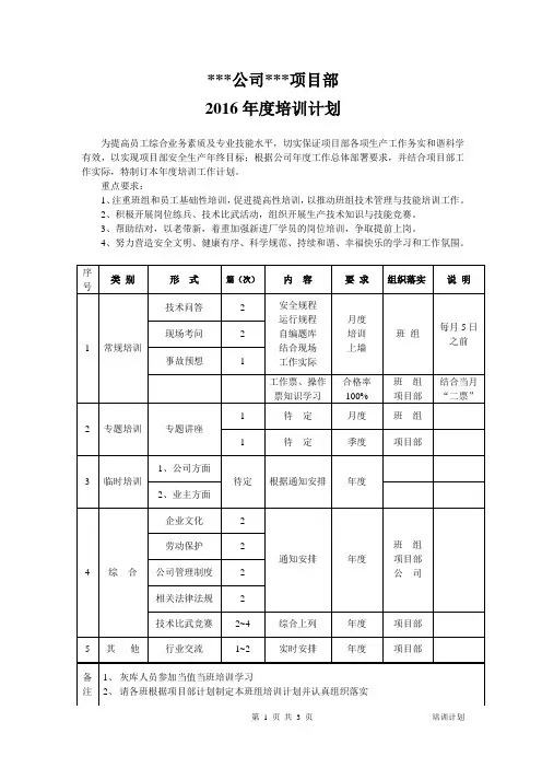 项目部2016年度培训计划