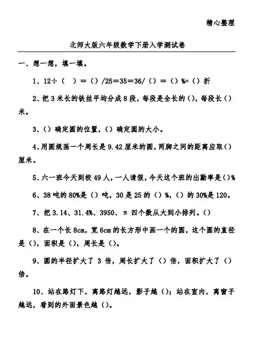 北师大版六年级数学下册入学测试卷