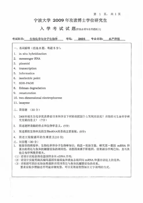 宁波大学生物化学与分子生物学考博真题试题2009—2012年