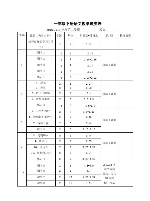 最新苏教版一年级下语文教学进度表