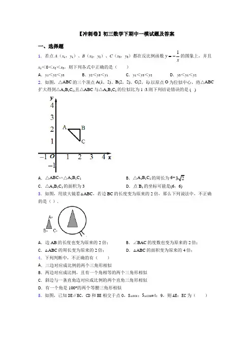 【冲刺卷】初三数学下期中一模试题及答案