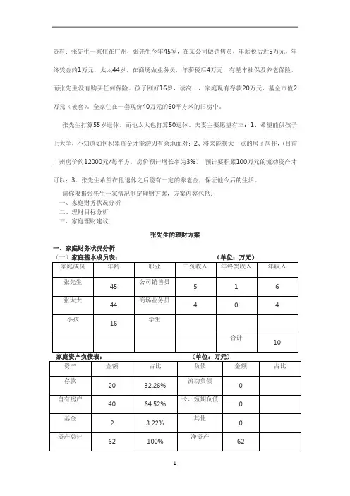个人理财--张先生家庭理财案例分析方案