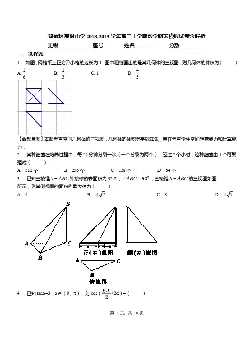 鸡冠区高级中学2018-2019学年高二上学期数学期末模拟试卷含解析