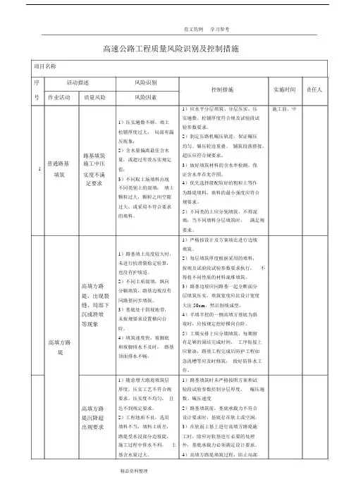 高速公路工程质量风险识别及控制措施方案.docx