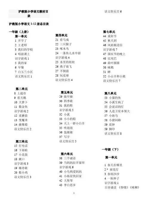 沪教版小学语文课文目录整理讲解