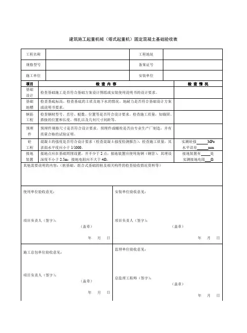 建筑施工起重机械(塔式起重机)固定混凝土基础验收表