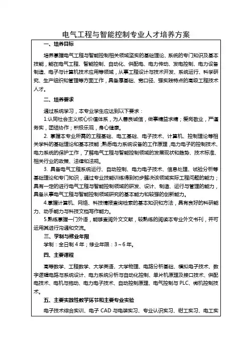 电气工程与智能控制专业人才培养方案