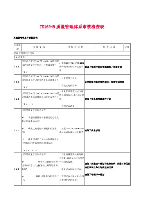 TS16949质量管理体系审核检查表