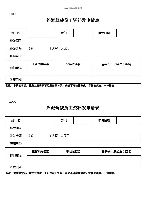 员工工资补发申请表