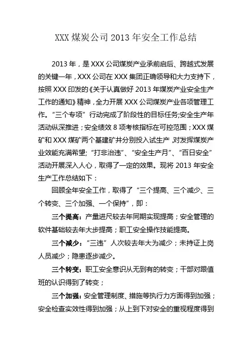 2013年煤炭公司安全工作总结