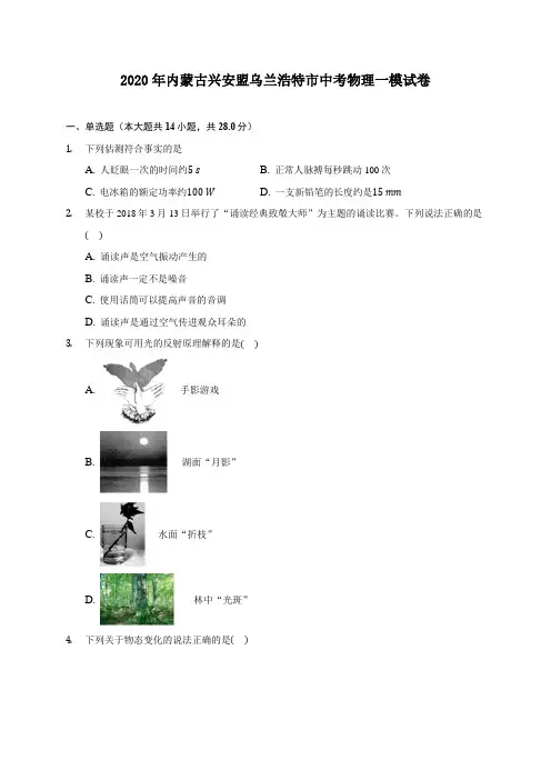 2020年内蒙古兴安盟乌兰浩特市中考物理一模试卷 (含答案解析)