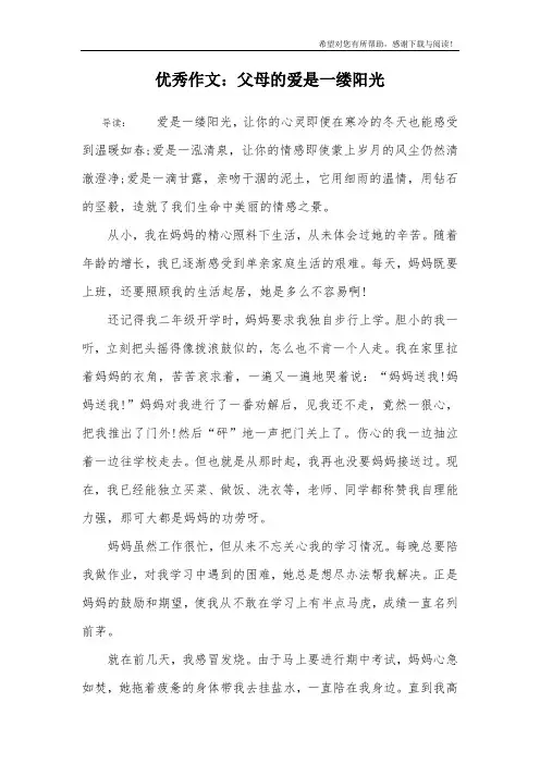 优秀作文：父母的爱是一缕阳光
