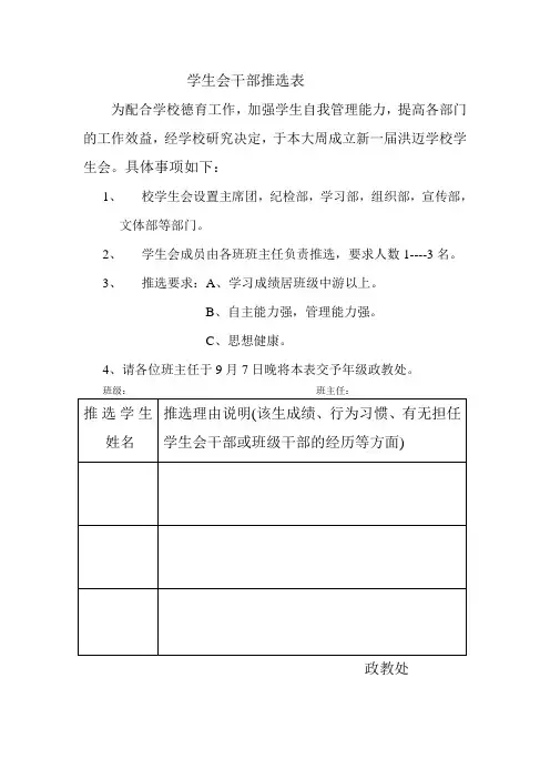 学生会干部推选表