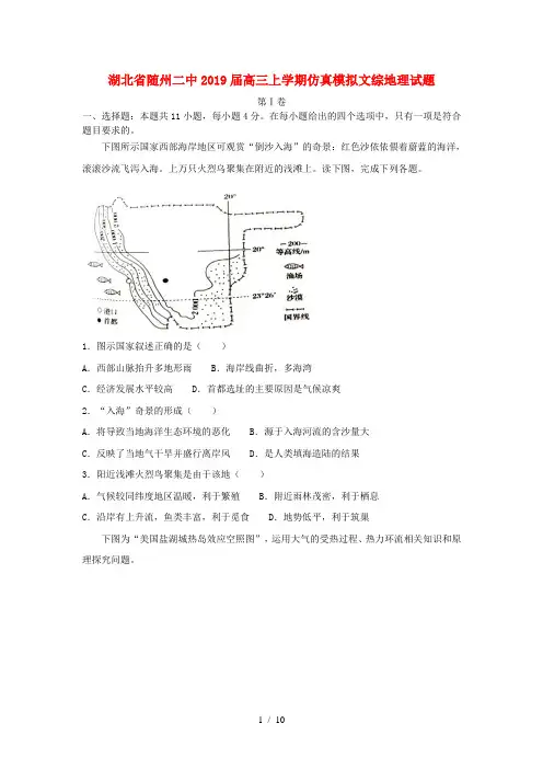 湖北省随州二中2019届高三地理上学期仿真模拟试卷含解析