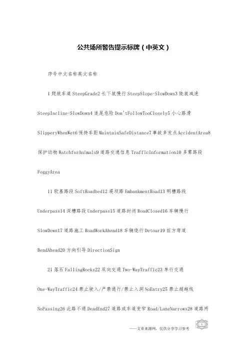 公共场所警告提示标牌(中英文)