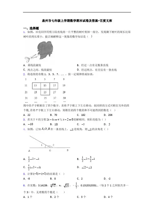 泉州市七年级上学期数学期末试卷及答案-百度文库