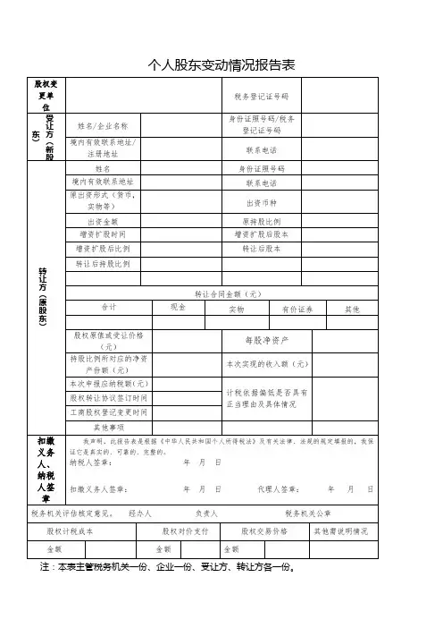 个人股东变动情况报告表
