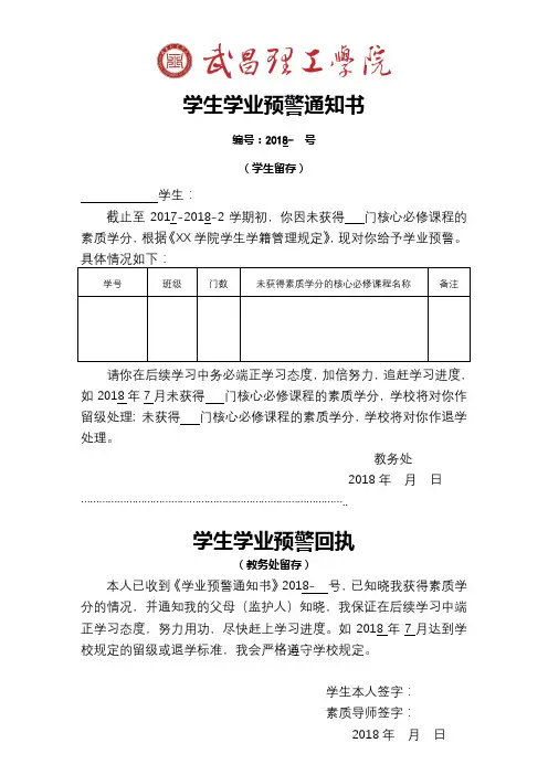 学生学业预警通知书(学生留存)【模板】