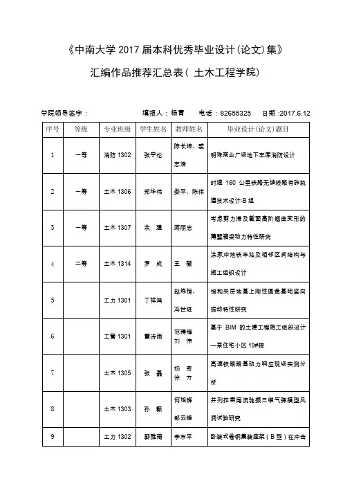 中南大学2017届本科优秀毕业设计论文集