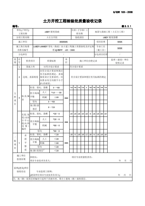 土方开挖工程检验批质量验收记录