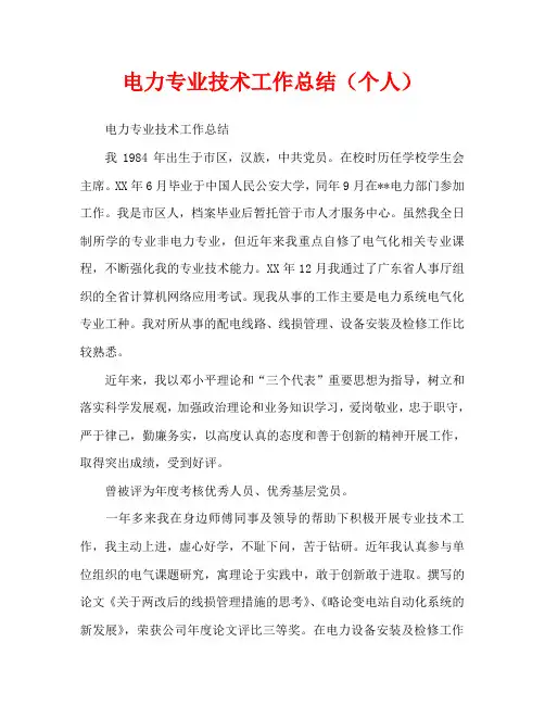 电力专业技术工作总结(个人)