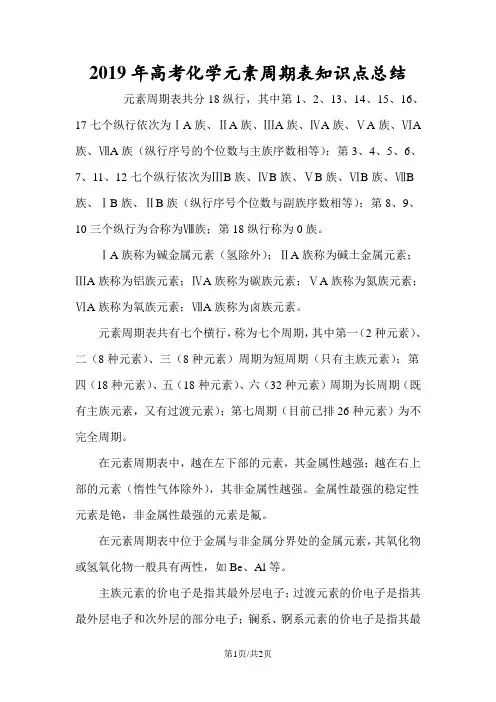 高考化学元素周期表知识点总结