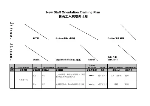 前厅部-新员工入职培训计划表