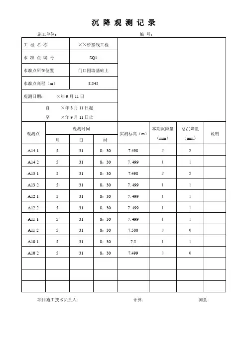 沉降观测记录表 (市政工程项目资料表格填写样本)
