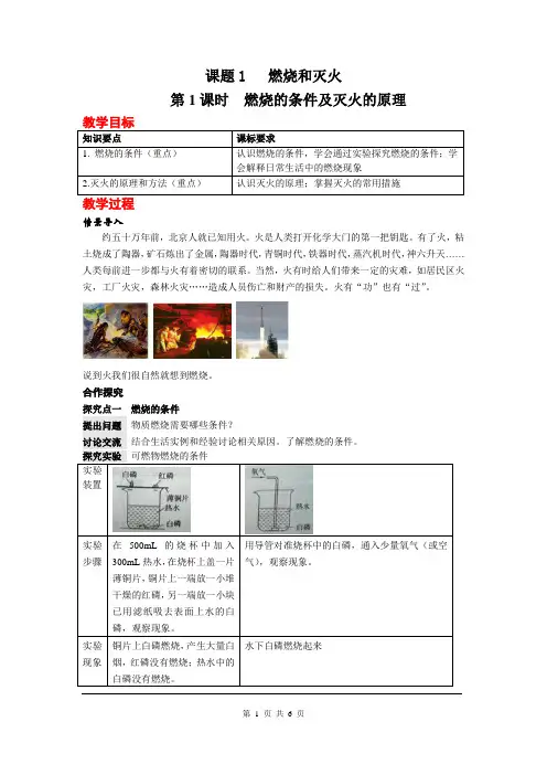 初中九年级化学上册燃烧的条件及灭火的原理教学设计