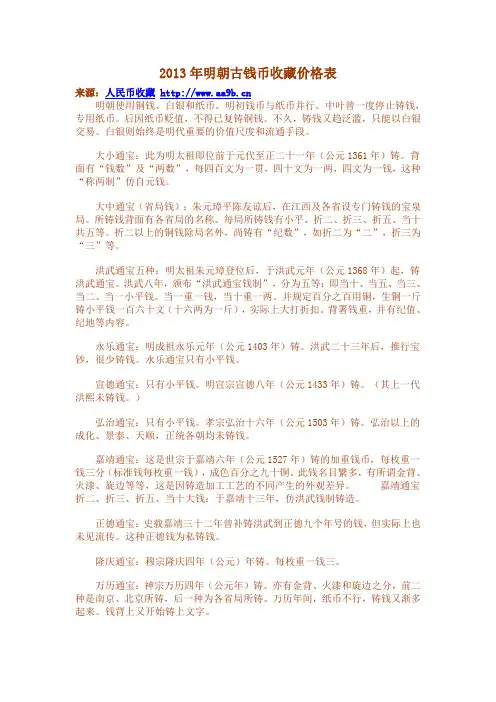 2013年明朝古钱币收藏价格表