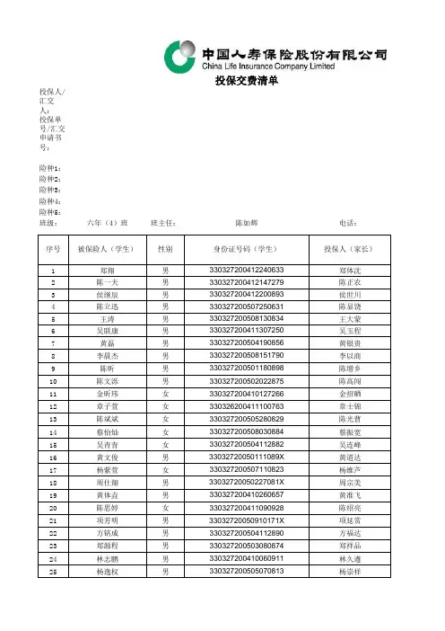六年(4)班中国人寿学生保险投保清单