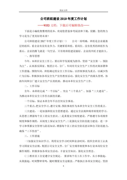 公司班组建设2019年度工作计划