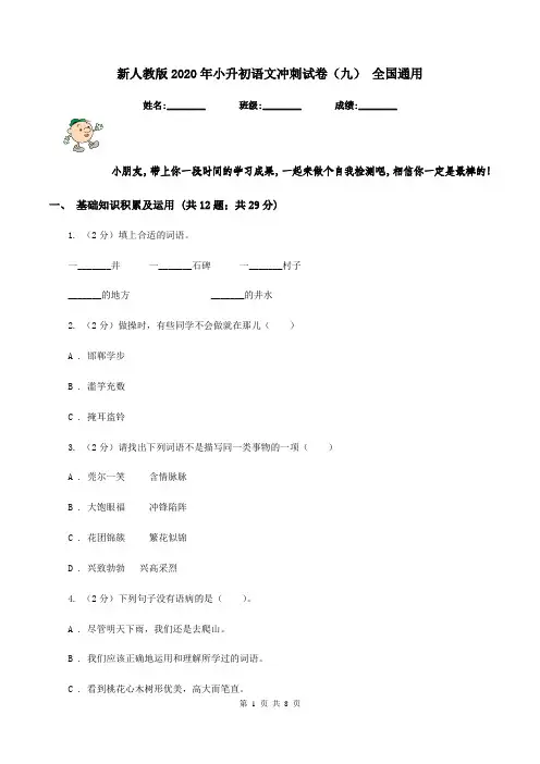 新人教版2020年小升初语文冲刺试卷(九) 全国通用