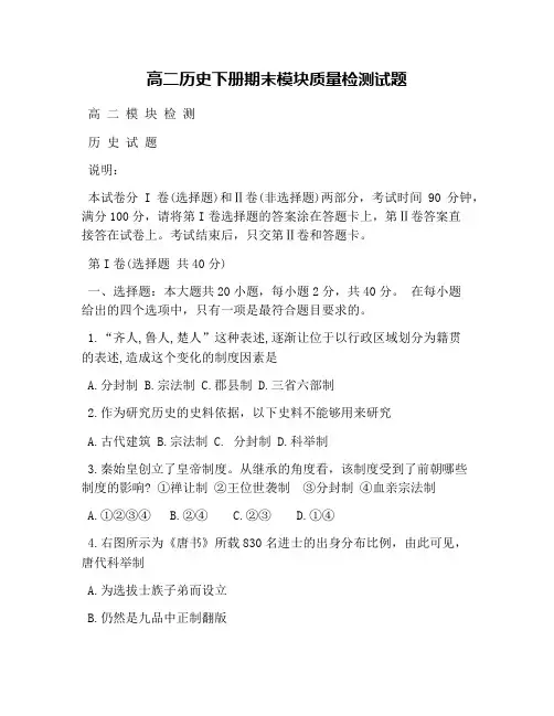 高二历史下册期末模块质量检测试题