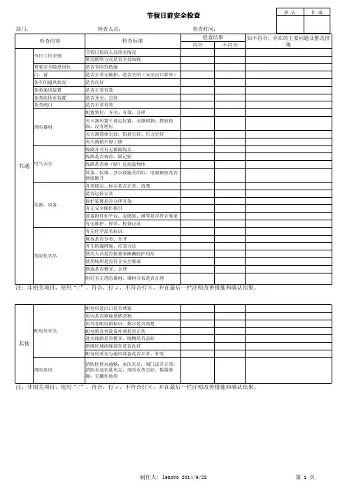 节假日安全检查表
