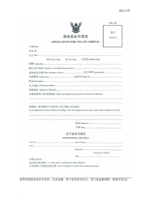 泰国落地签申请表
