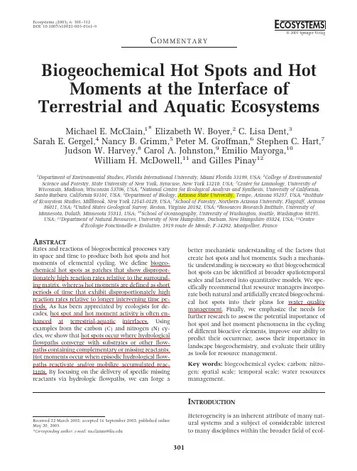 Biogeochemical Hot Spots and Hot Moments at the Interface of Terrestrial and Aquatic Ecosystems